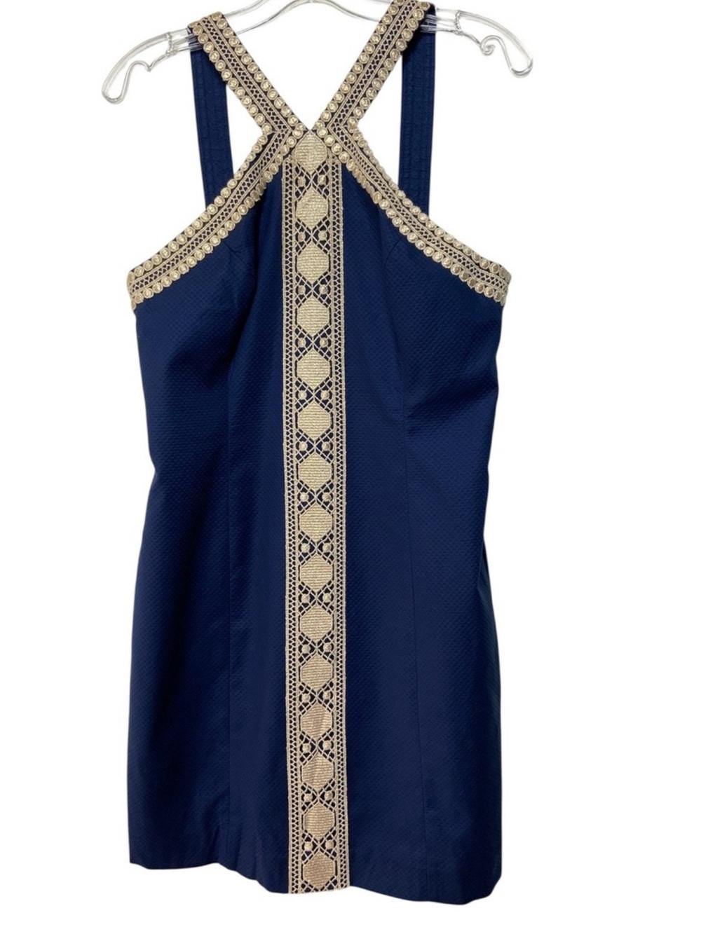 Lily Pulitzer Vena Navy Stretch Halter Shift Dress with Gold Detail Size 16